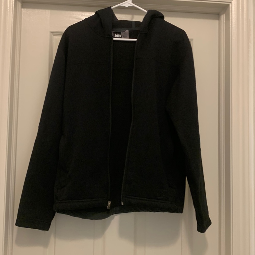 Rei zip up sweatshirt/jacket, black, polyester, size medium